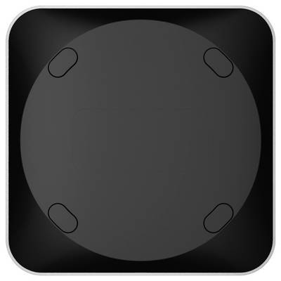 Icône carrée arrondie de couleur sombre avec un grand cercle gris et quatre petits ovales aux coins, ressemblant à un appareil minimaliste ou à un pavé de contrôle.