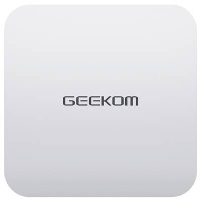 Appareil carré argenté avec coins arrondis affichant le logo « GEEKOM » centré sur le devant.