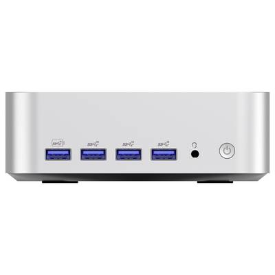 Vue de face d'un appareil argenté avec quatre ports USB bleus, une petite prise jack ronde et un bouton d'alimentation sur la droite.