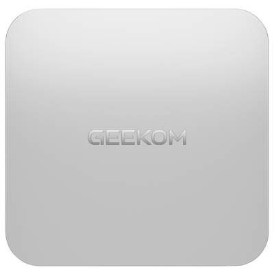 Icône carrée grise arrondie avec le logo « GEEKOM » en relief centré sur un fond uni.
