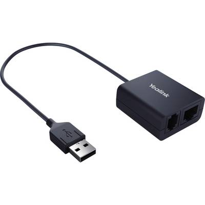 Un adaptateur USB Yealink noir vers deux RJ-45, avec à une extrémité un câble avec connecteur USB et à l'autre extrémité deux ports RJ-45.