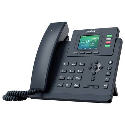 Un téléphone de bureau avec un écran numérique affichant l'heure « 10:13 » et la date, des boutons pour les chiffres, et des options pour les messages, le casque et la mise en sourdine.