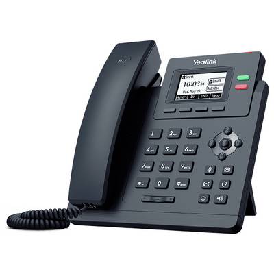 Un téléphone de bureau noir affichant « 10 h 03 » et « mer. 13 mai » ; il dispose d'un combiné, d'un écran numérique et de plusieurs boutons de fonction.