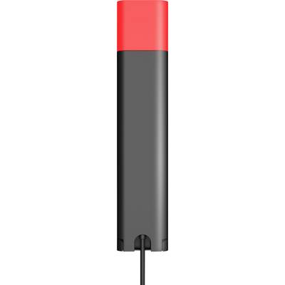 Un dispositif cylindrique avec un corps noir et un sommet rouge, présentant un cordon au bas.