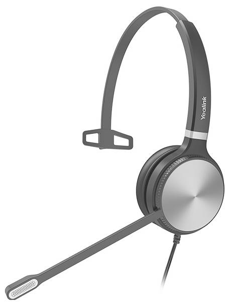 Un casque noir et argenté avec un boom de microphone, de marque « Yealink », conçu pour une communication audio claire.