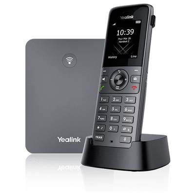 Un téléphone sans fil Yealink avec une base de charge et un symbole de connectivité sans fil, affichant « 10:39 », monté sur un support élégant.