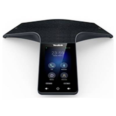 Un téléphone de conférence noir avec un écran tactile affichant l'heure « 23:59 » et des icônes pour un appel, un répertoire et des paramètres.