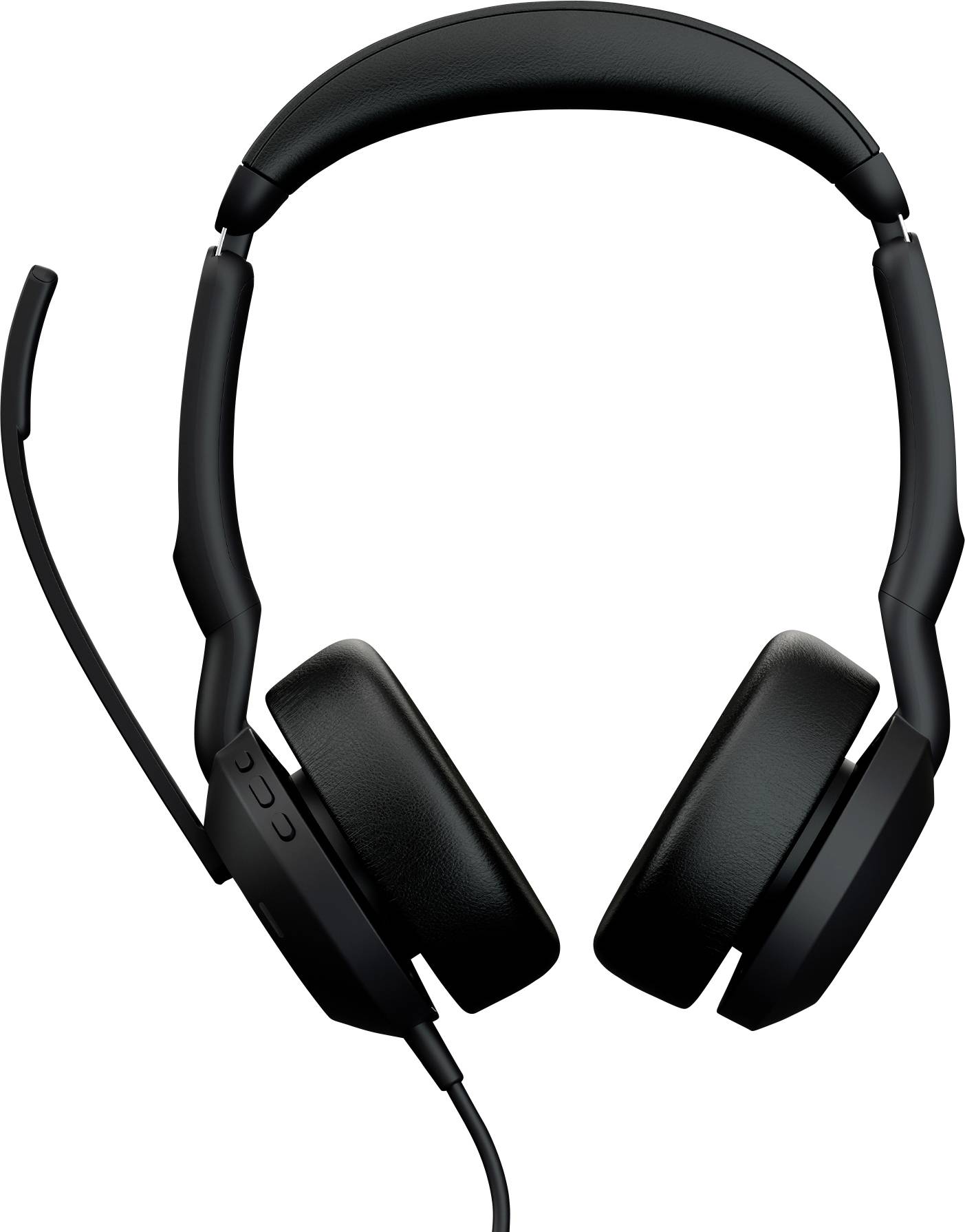 Casques audio noirs supra-auriculaires avec microphone intégré, équipés de boutons de contrôle du volume sur l'écouteur gauche, sur fond blanc.