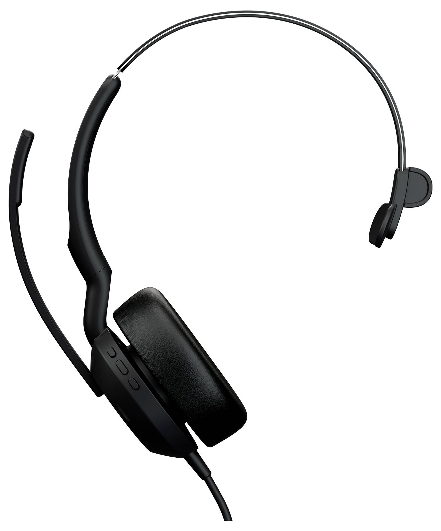 Un casque mono-auriculaire avec microphone et serre-tête ajustable, conçu pour une communication audio claire, présenté sur fond blanc.