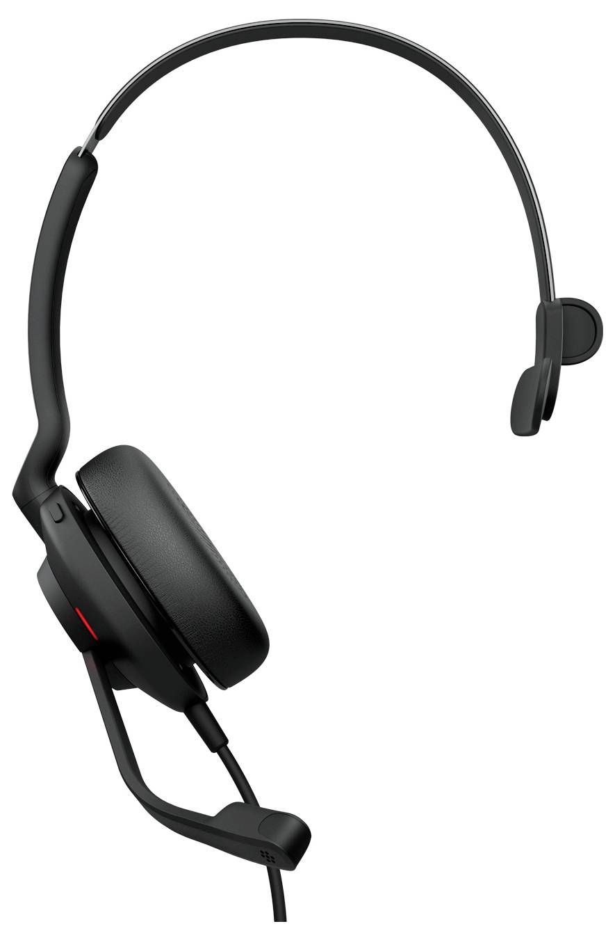 Un casque supra-auriculaire noir avec un micro-perche sur le côté gauche, présenté en profil latéral.
