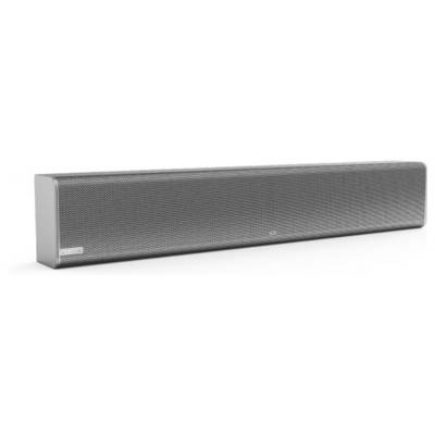 Une barre de son élégante et rectangulaire dotée d'une grille métallique et d'un design minimaliste, probablement utilisée pour améliorer la qualité audio des téléviseurs.