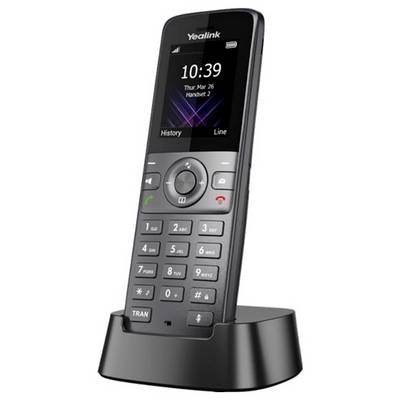 Un téléphone sans fil Yealink sur une base de chargement, affichant l'heure « 10:39 » et la date « jeu, 26 mar ». Plusieurs boutons pour les fonctions d'appel.