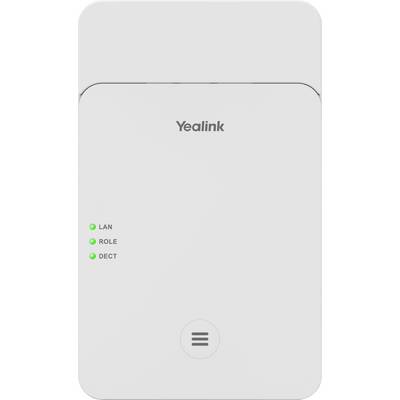 Un appareil Yealink blanc avec des indicateurs pour « LAN », « ROLE » et « DECT », affichant l'état de la connectivité par des voyants lumineux verts.