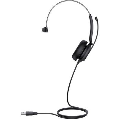 Un casque USB noir avec une seule oreillette et un microphone boom flexible, conçu pour la communication et le confort ergonomique.