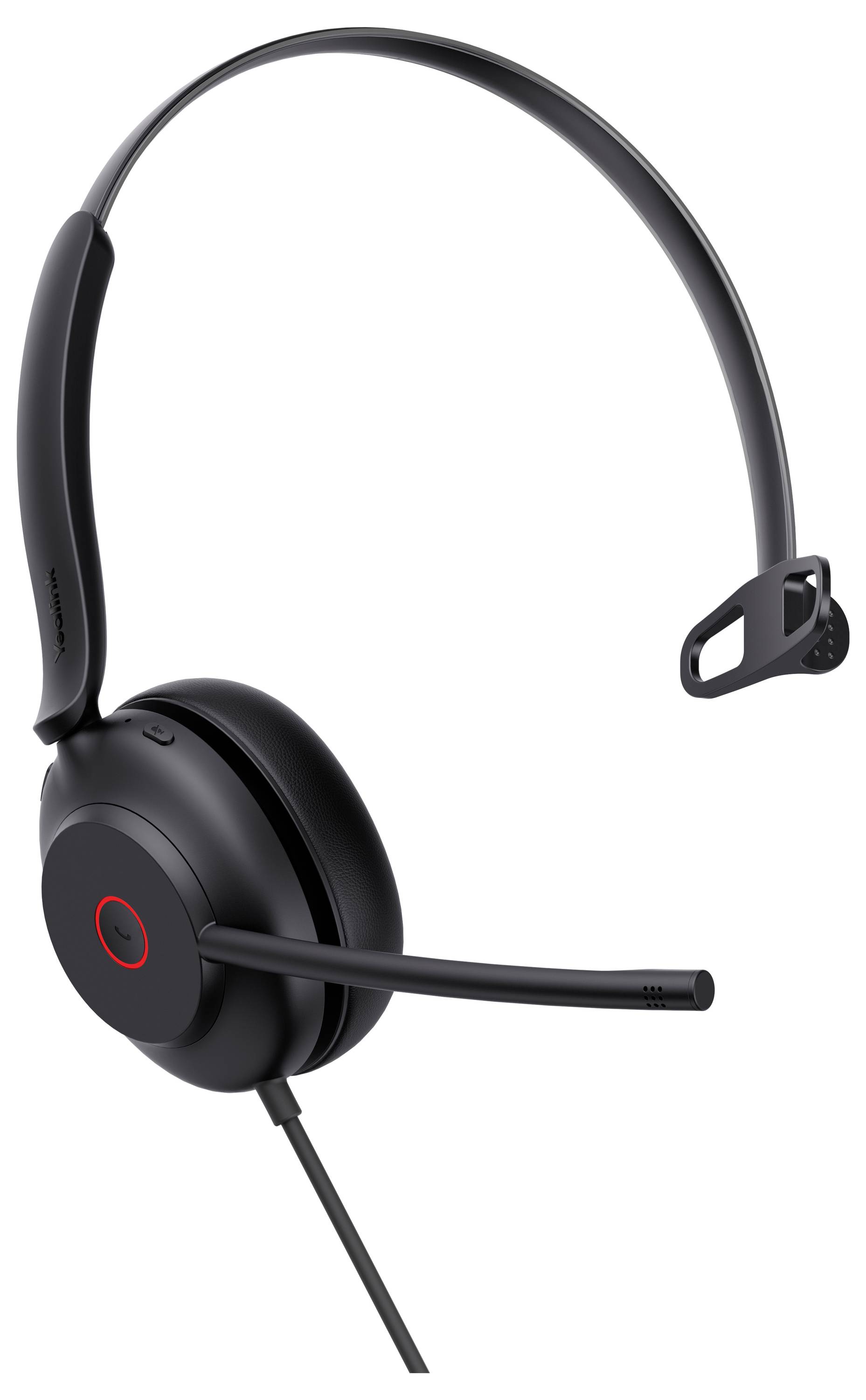 Un casque noir à serre-tête avec un microphone perche et un accent rouge sur l'écouteur, conçu pour la communication sans les mains ou les jeux vidéo.