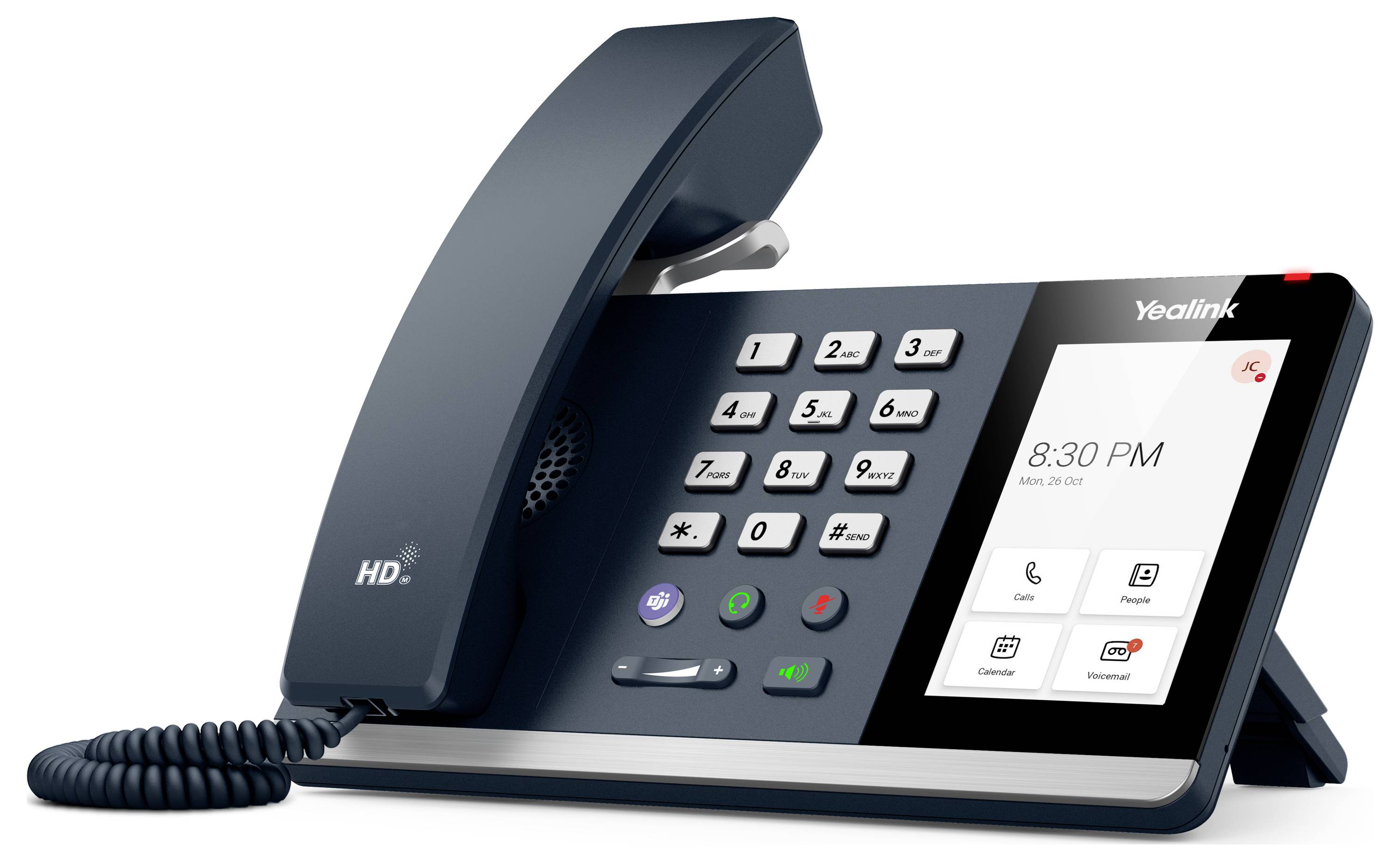Téléphone Yealink HD sur un support avec un clavier, écran d'affichage affichant « 20 h 30 » et icônes téléphoniques.