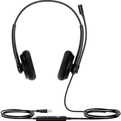 Casque filaire noir avec microphone réglable et boutons de contrôle intégrés, connecté via câble USB, adapté à l'utilisation au bureau ou à domicile.