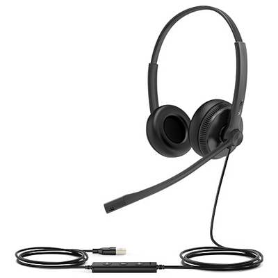 Casque noir avec microphone et contrôle intégré, doté d'une connexion USB et d'un serre-tête ajustable. Idéal pour les appels ou les jeux vidéo.