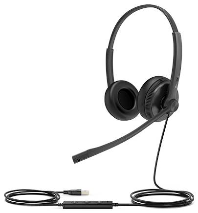 Un casque noir avec un bras de microphone flexible, des coussinets auriculaires et un long câble dotés de boutons de contrôle du volume et de sourdine.