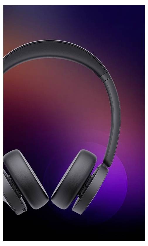 Une paire d'écouteurs supra-auriculaires noirs sur un fond dégradé coloré de couleur violette et rouge.