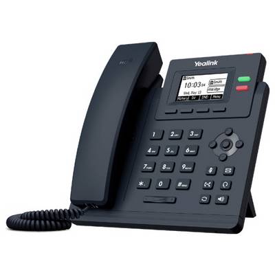 Un téléphone de bureau Yealink noir avec un écran numérique affichant la date et l'heure, doté de divers boutons pour les fonctions d'appel et la navigation.