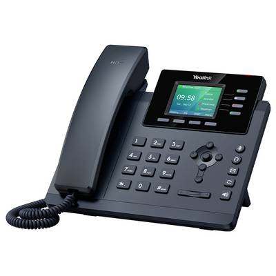 Un téléphone de bureau noir Yealink avec un écran numérique affichant « 09:58 » et des boutons étiquetés, incluant des chiffres et des touches directionnelles.