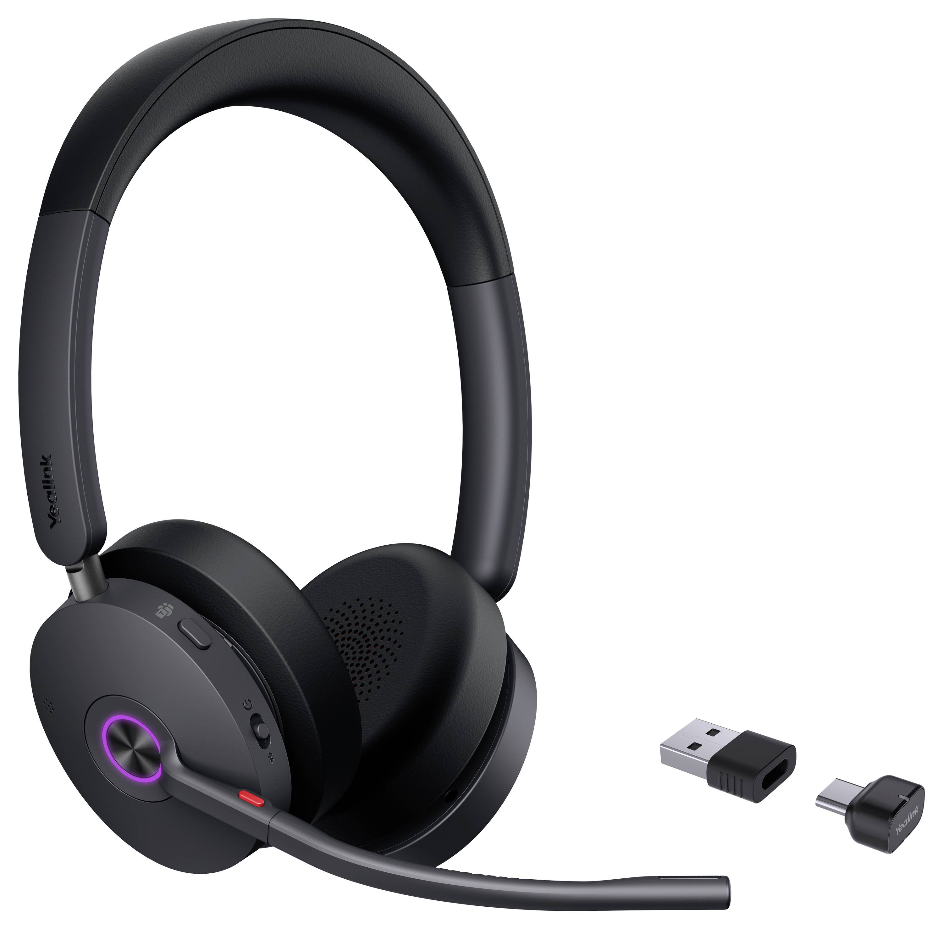 Un haut-parleur de conférence noir et rond avec des indicateurs LED subtils sur le dessus, doté d'un contrôle de volume et d'un port USB-C sur le côté.