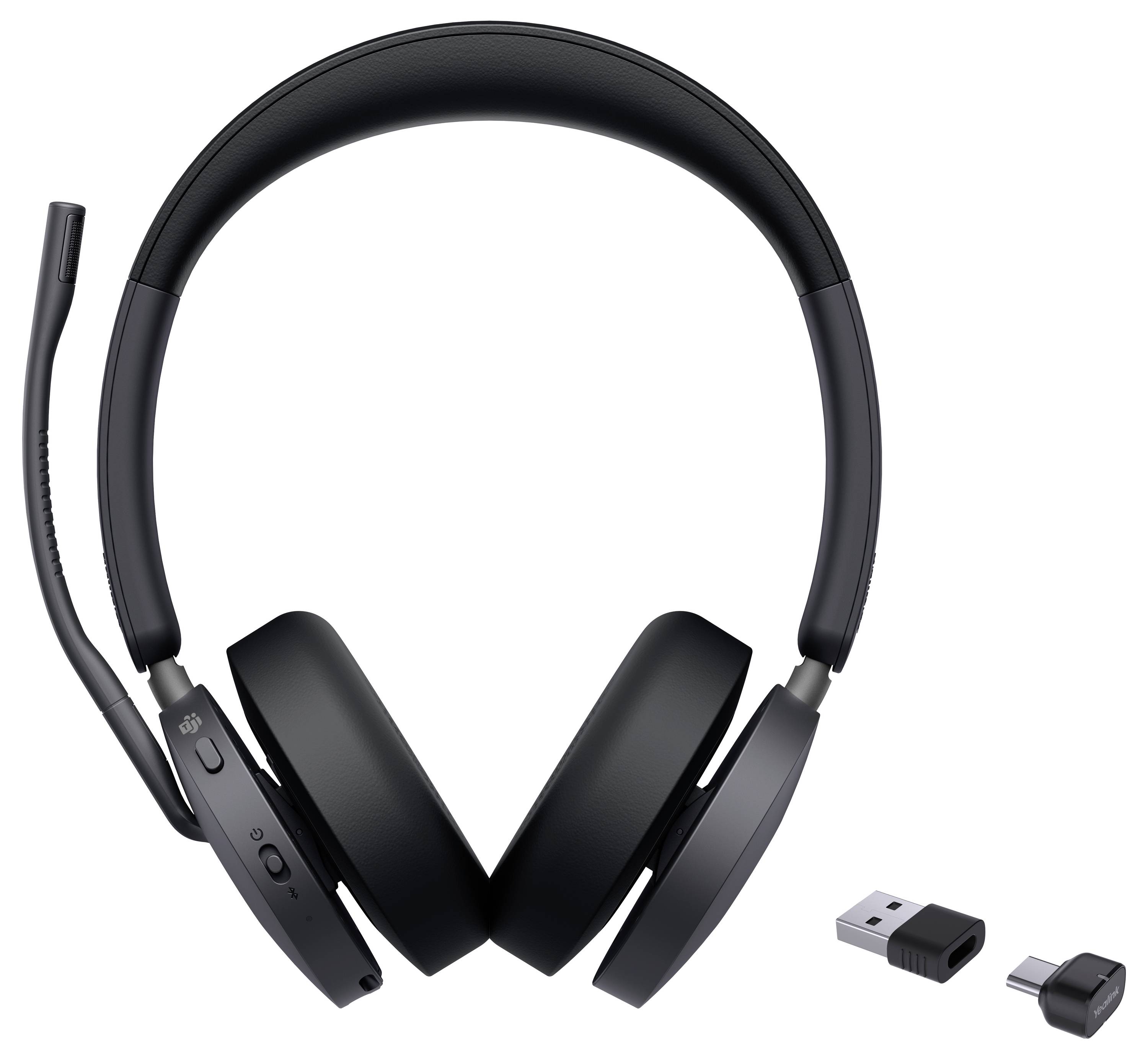 Un casque sans fil noir avec microphone, accompagné d'une clé USB et d'un adaptateur USB-C, conçu pour la communication en ligne.