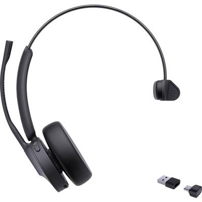 Un casque sans fil noir avec une seule oreillette et un microphone attaché, présenté à côté d'une clé USB pour la connectivité.