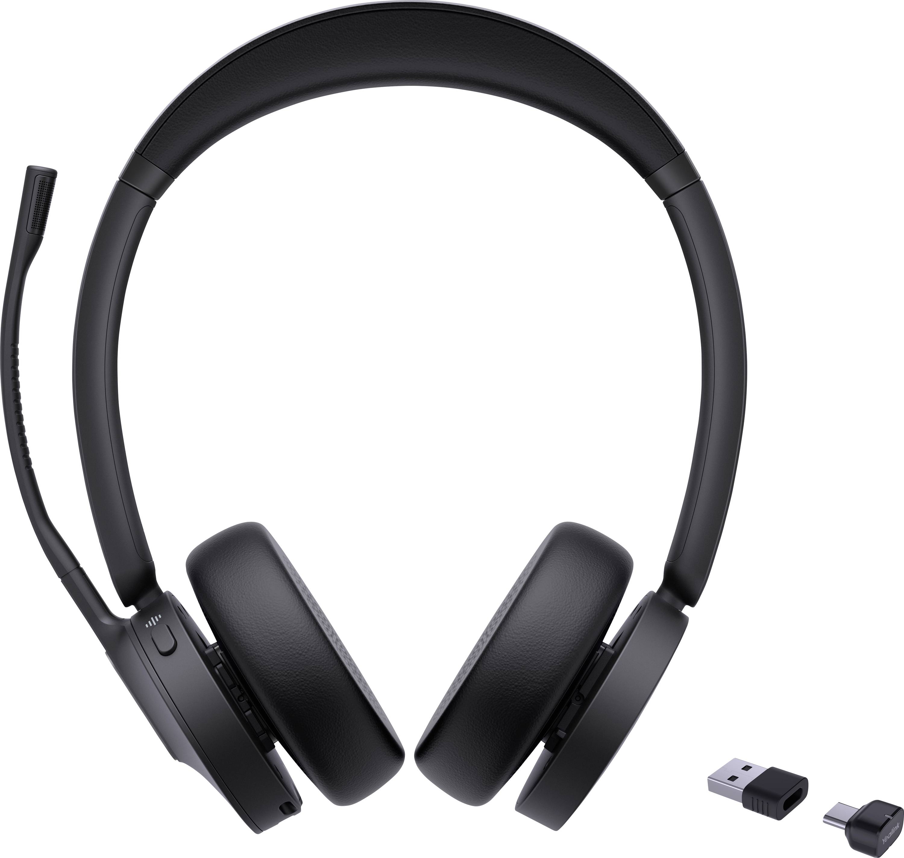 Casque audio supra-auriculaire noir avec microphone intégré et récepteur USB sans fil. Convient pour une utilisation avec des ordinateurs.