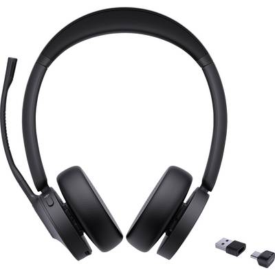 Casque audio supra-auriculaire noir avec microphone intégré et récepteur USB sans fil. Convient pour une utilisation avec des ordinateurs.