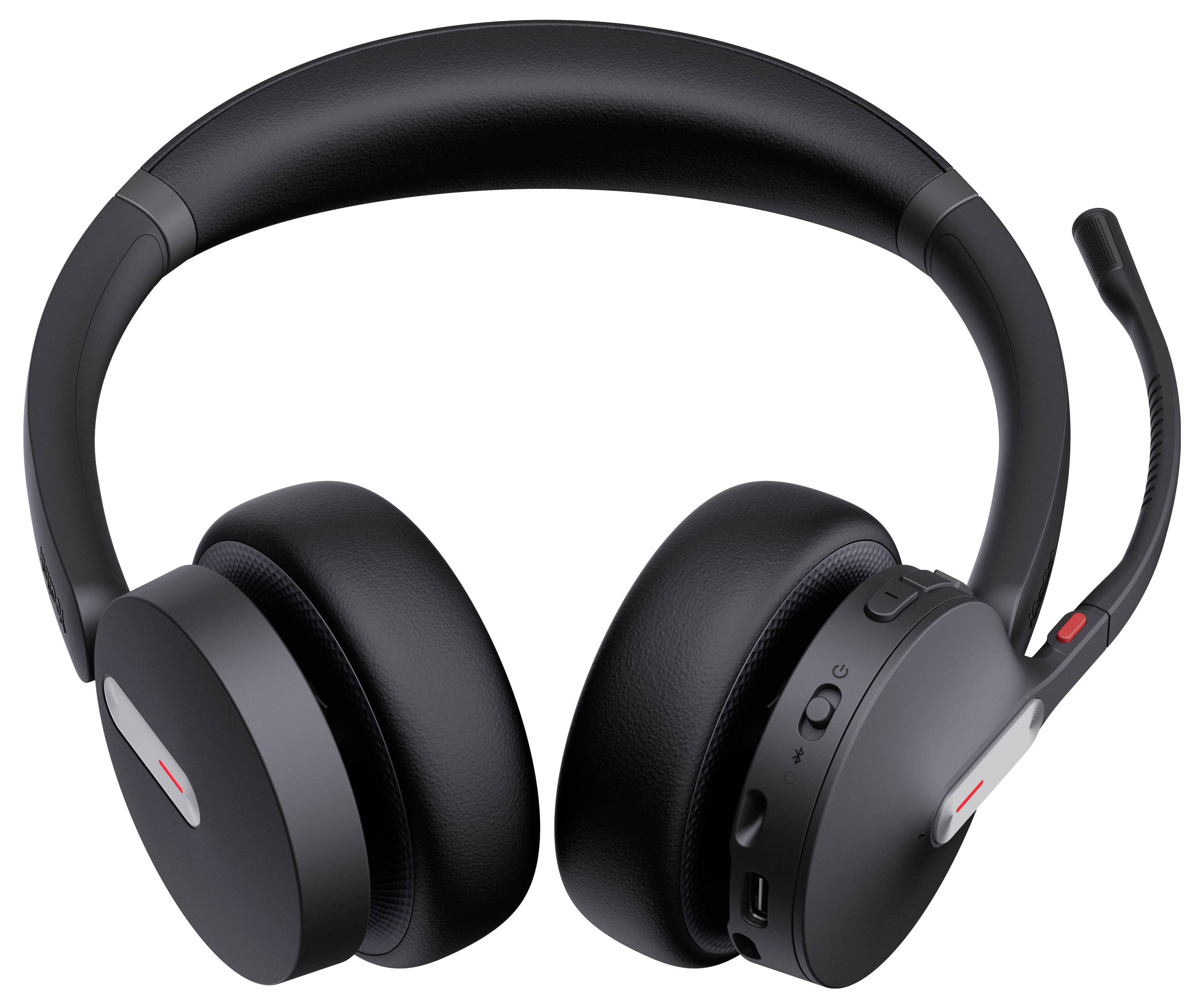 Casque audio supra-auriculaire noir avec microphone attaché sur le côté droit, doté de contrôles de volume et d'un design moderne.