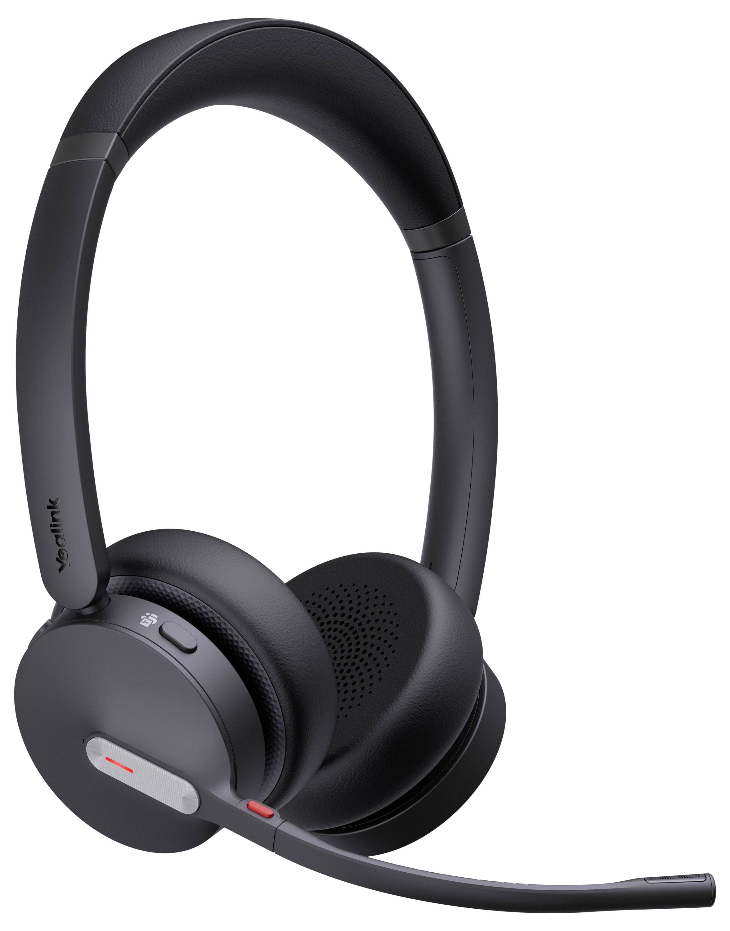 Un casque sans fil noir avec un micro-bras, doté de coussinets auriculaires rembourrés et d'un bouton de contrôle du volume, incliné légèrement vers la gauche.