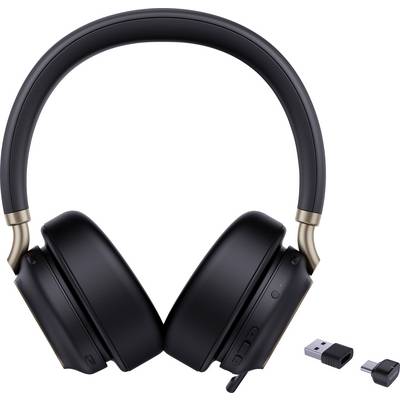 Casque audio supra-auriculaire noir avec des accents dorés à côté d'une clé USB et d'un connecteur, sur fond uni.