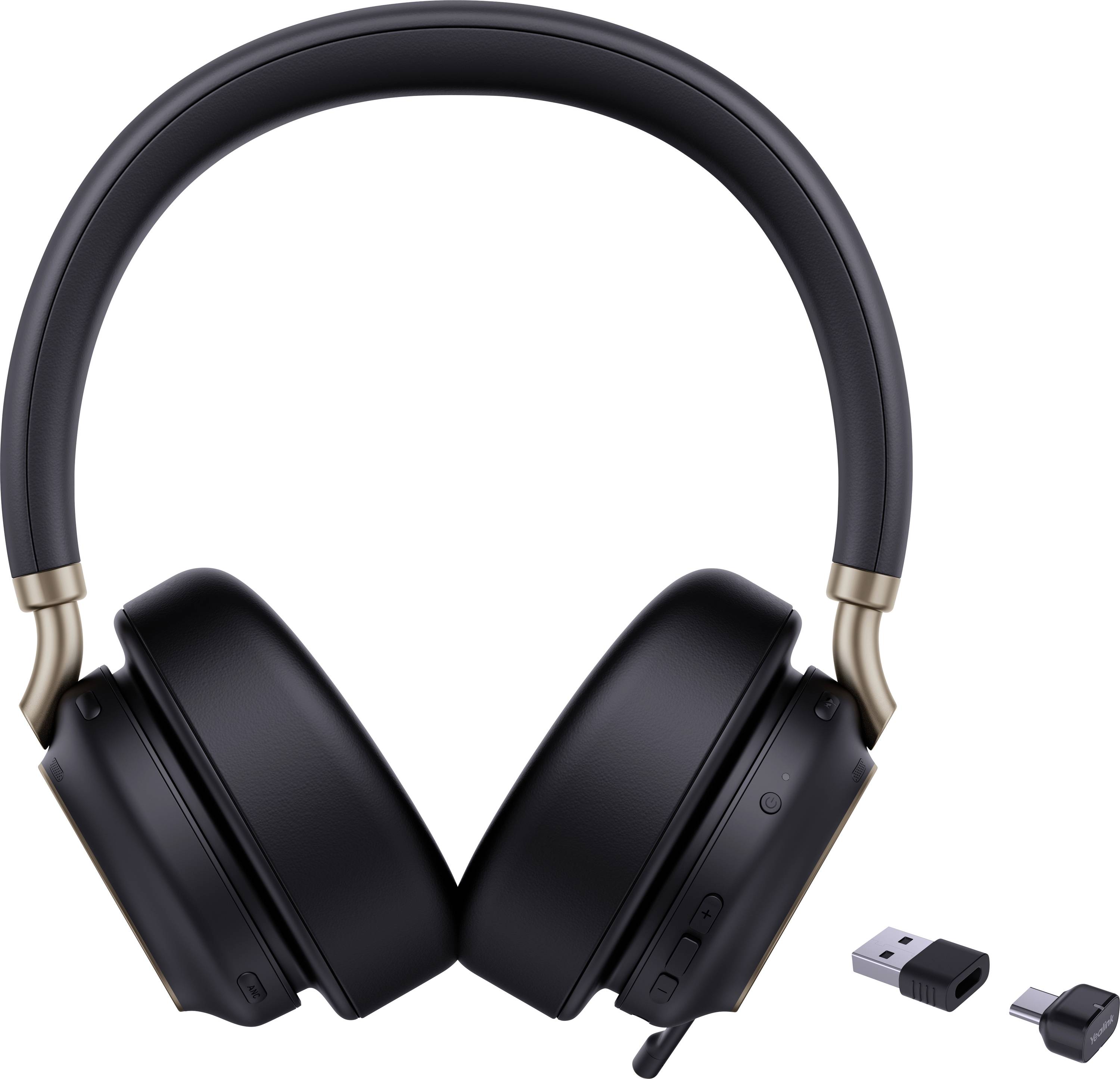 Casques audio sans fil supra-auriculaires noirs avec boutons, accompagnés d'un récepteur USB et d'une prise amovible, pour un audio de haute qualité.