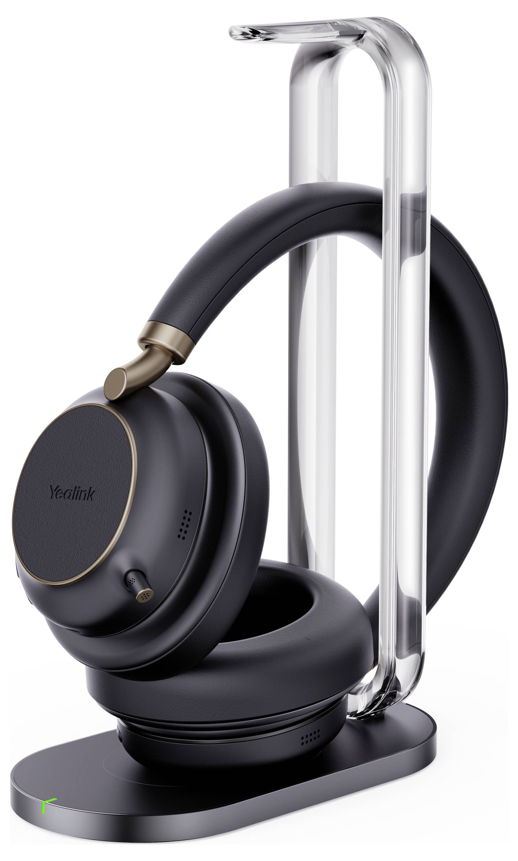 Casque audio supra-auriculaire noir sur un support épuré et moderne, mettant en évidence un design élégant avec des accents métalliques.