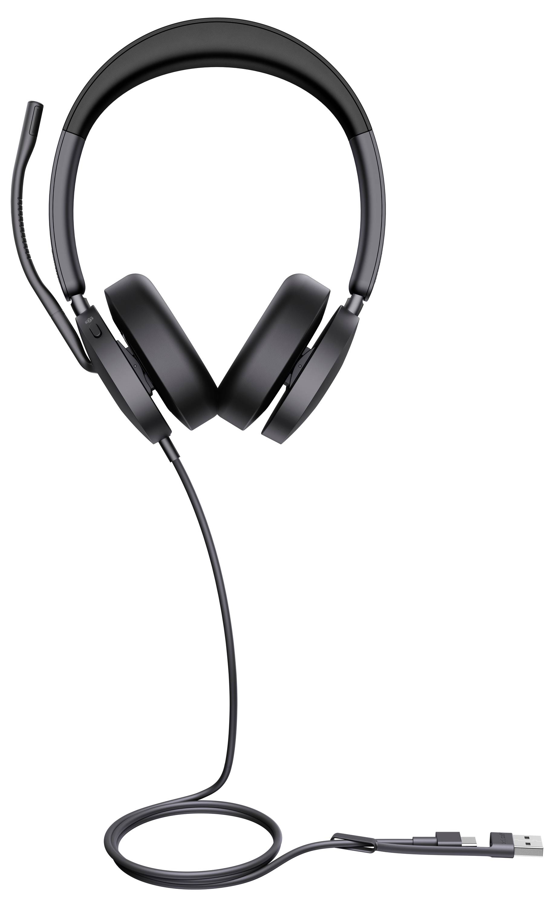Casque audio supra-auriculaire noir avec microphone intégré, doté d'une connexion USB filaire pour l'entrée et la sortie audio.