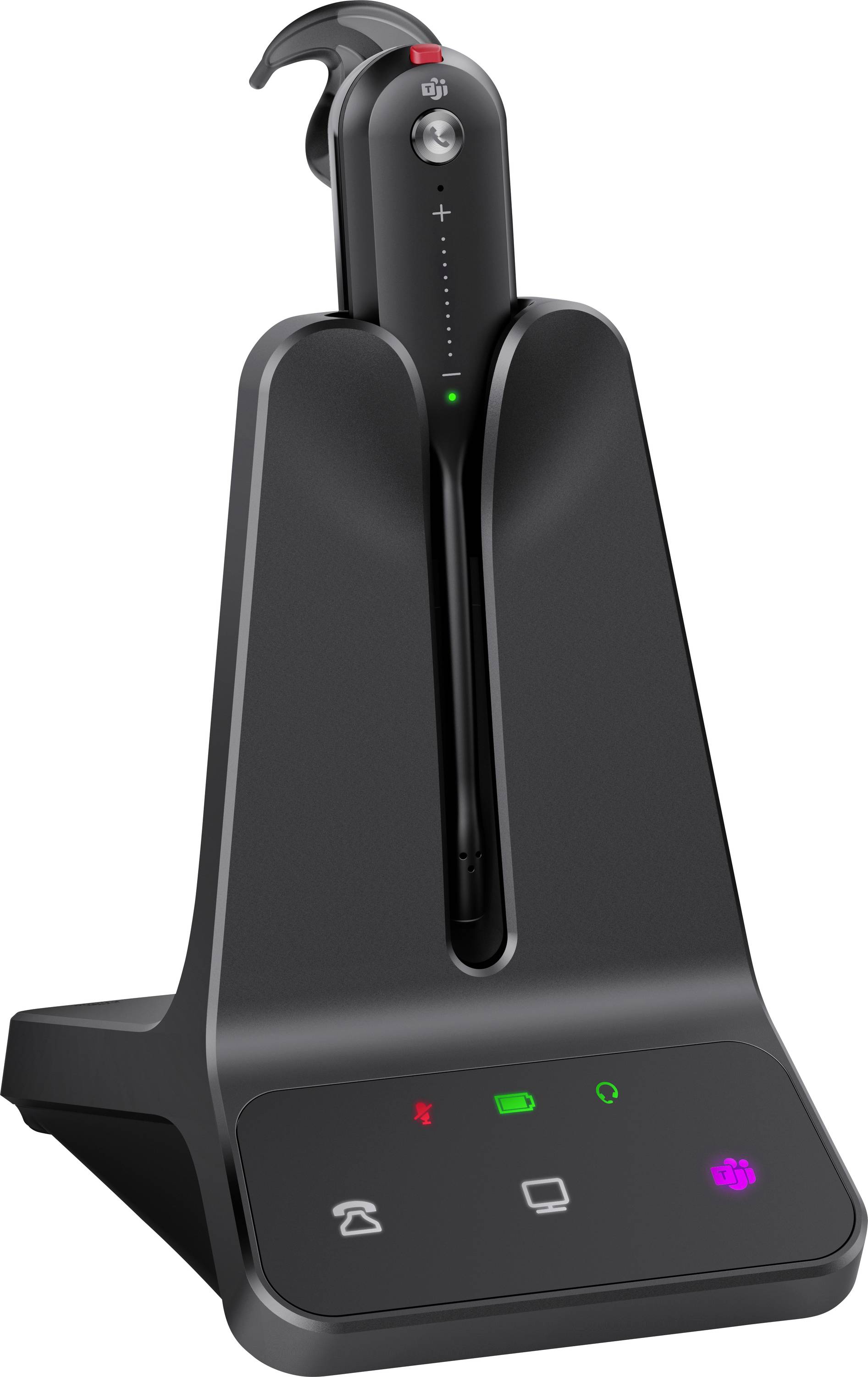 Un élégant casque sans fil noir sur un socle de recharge avec des commandes tactiles pour les fonctions d'appel, de sourdine et de volume, indiquées par des icônes.