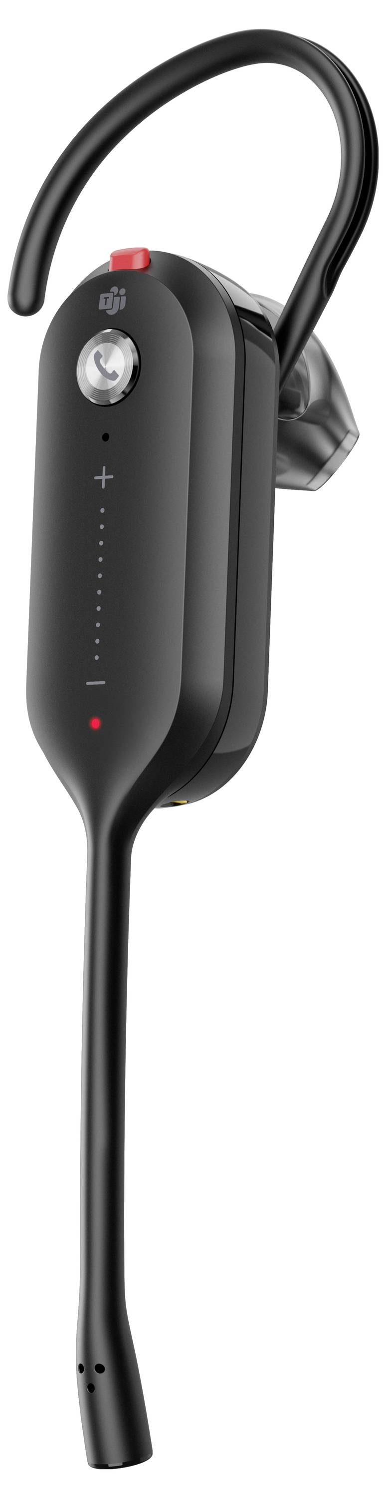 Un casque Bluetooth noir avec une boucle auriculaire et un long microphone articulé est présenté, conçu pour la communication en mains libres.