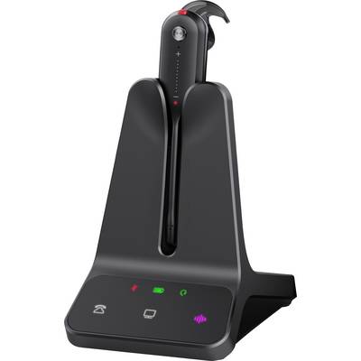 Un casque sans fil noir reposant sur sa base de recharge. Les indicateurs LED affichent l'état de la connectivité et de la batterie.