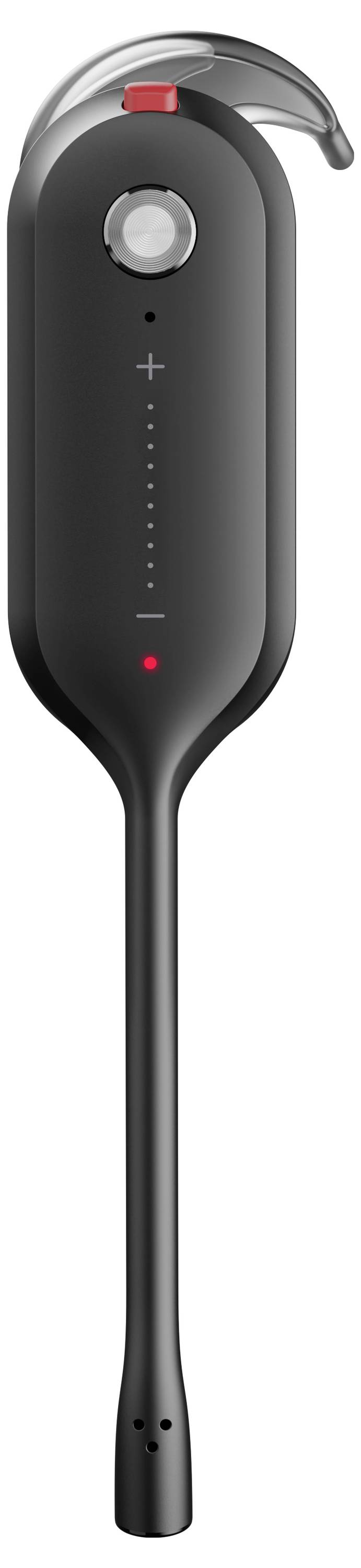 Un appareil électronique portatif noir avec un long manche, présentant un bouton plus et moins, des indicateurs LED et une boucle transparente sur le dessus.