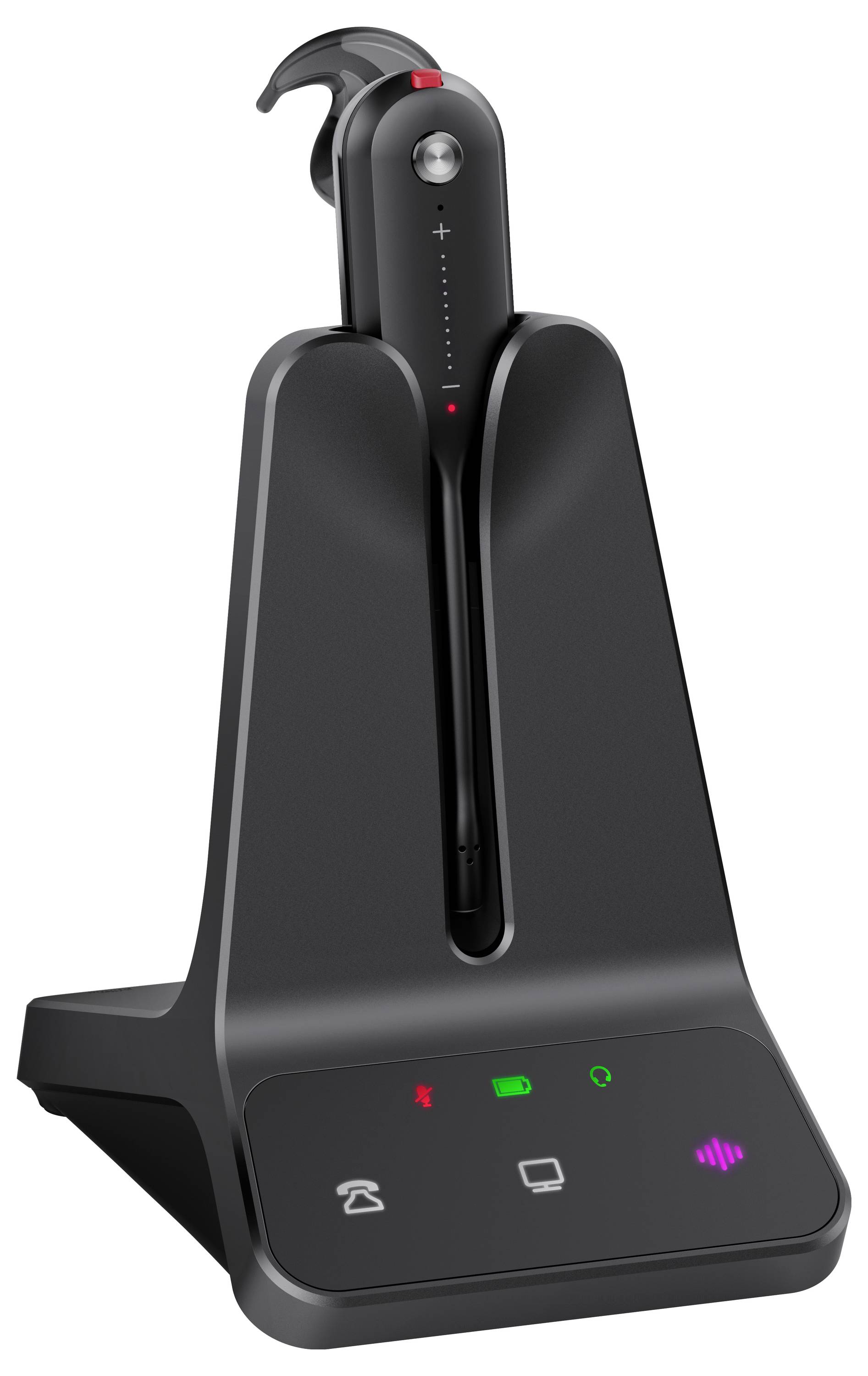 Un casque sans fil noir sur une base de charge avec des indicateurs LED pour les fonctions téléphone, ordinateur et sourdine.
