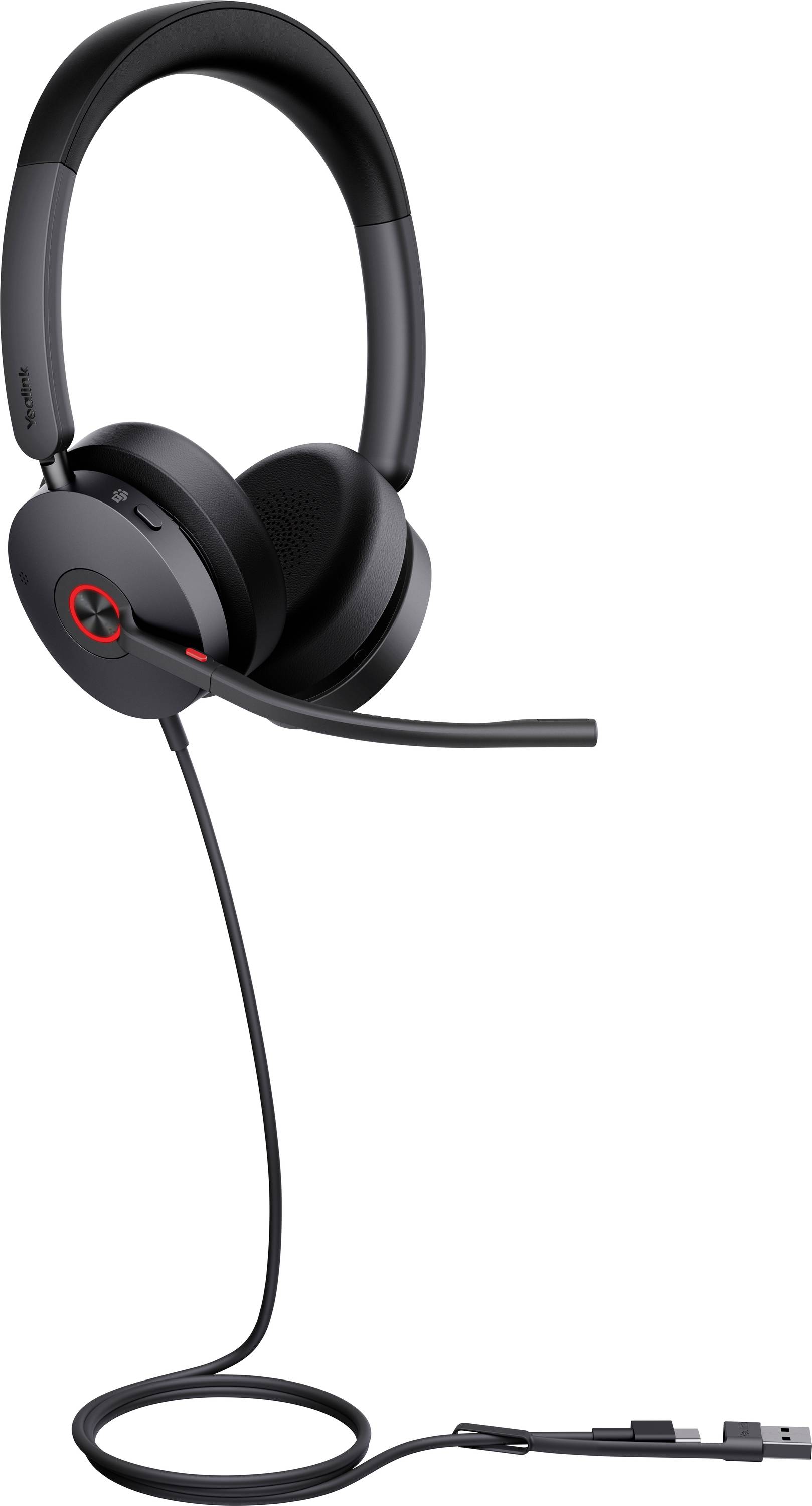 Un casque audio supra-auriculaire noir avec un micro-casque articulé et une connexion filaire dotée de commandes de volume intégrées, adapté à une utilisation sur PC ou téléphone.