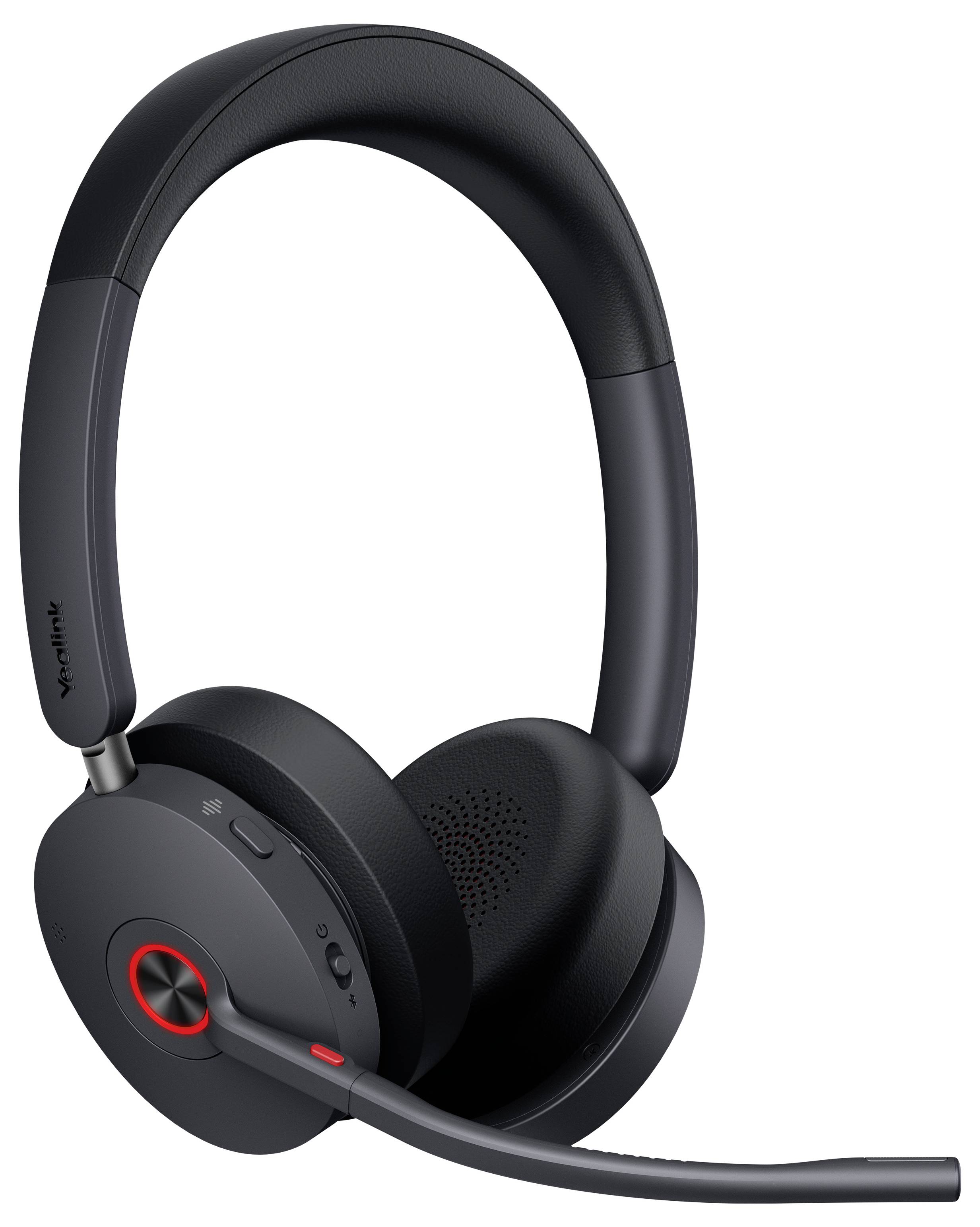 Un casque supra-auriculaire noir avec un microphone à bras, présentant un accent rouge sur l'écouteur.