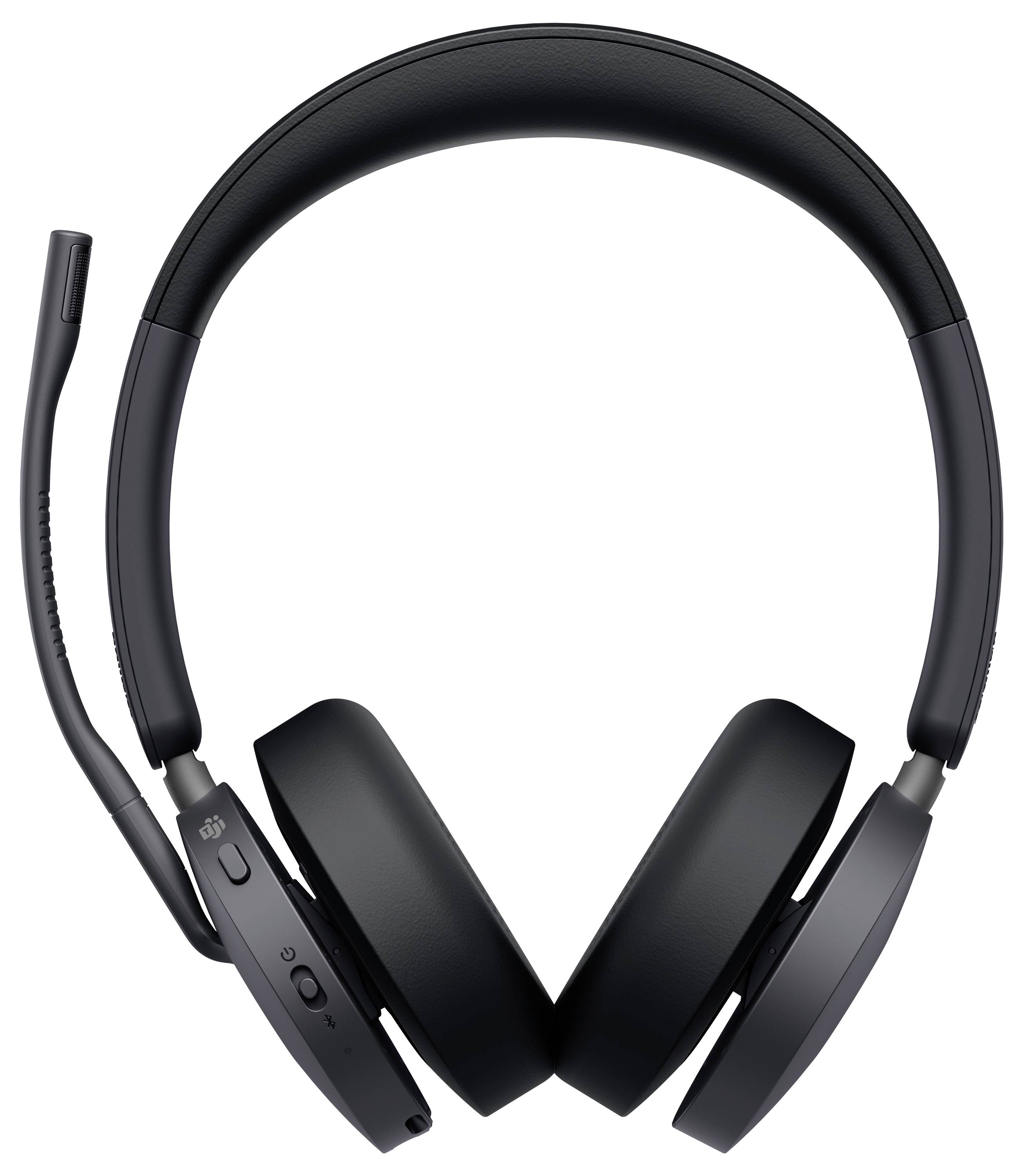 Casque audio supra-auriculaire noir avec microphone intégré et boutons de contrôle sur le côté, conçu pour la communication audio et l'écoute.