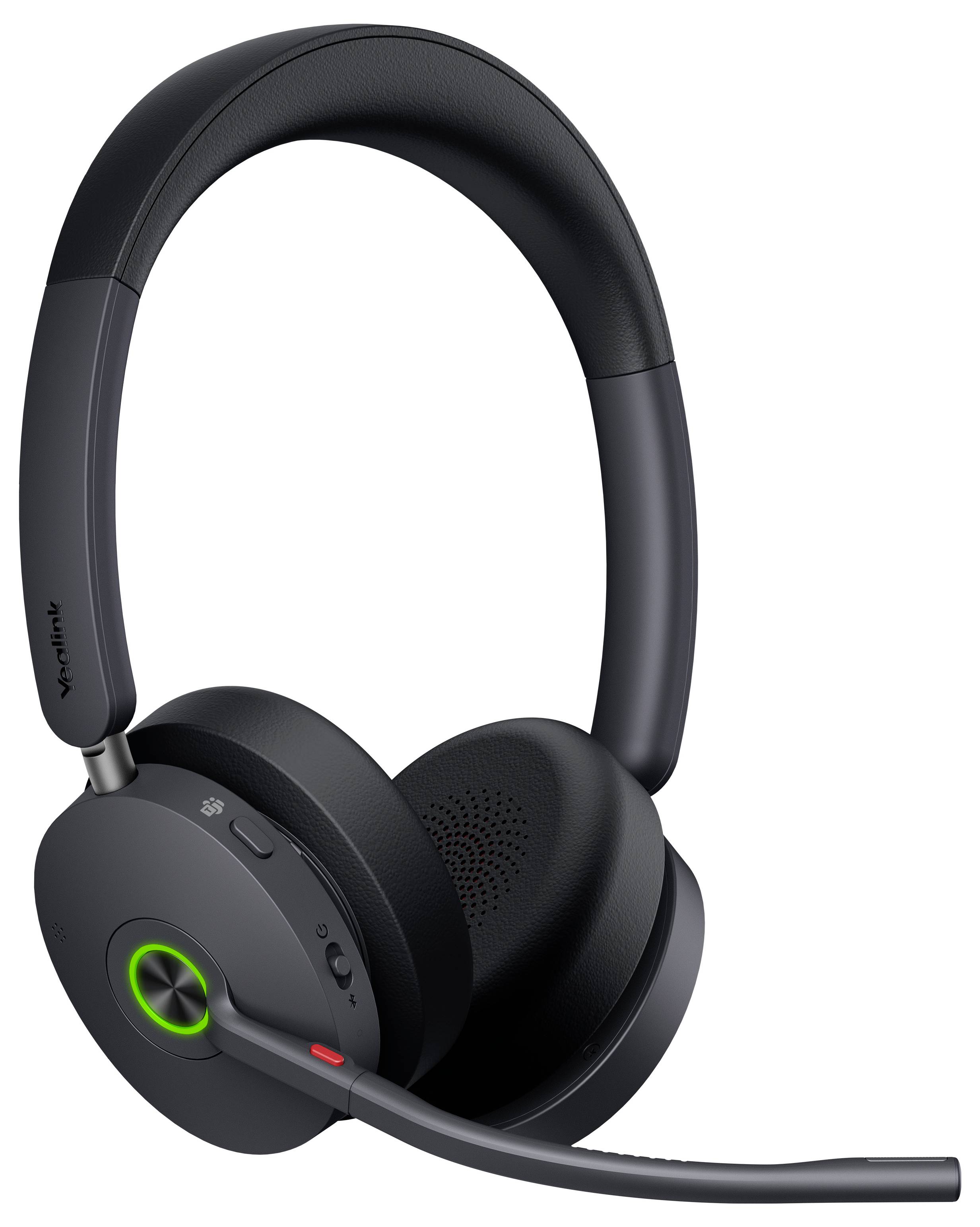 Un casque audio noir serre-tête avec microphone intégré et bouton d'alimentation rétroéclairé en vert, conçu pour la communication vocale ou la lecture audio.