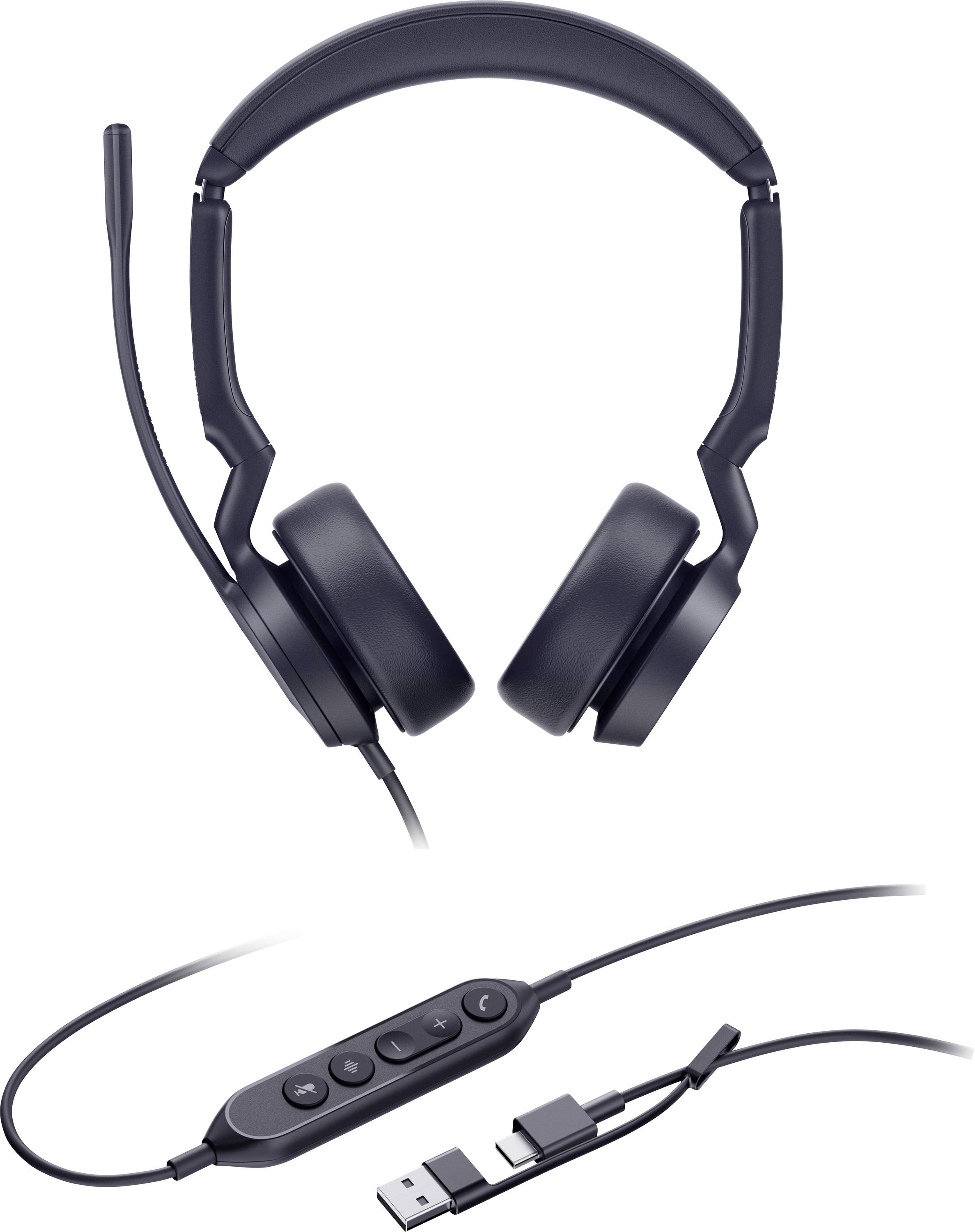 Un casque USB supra-auriculaire noir avec un microphone à perche, un contrôle de volume intégré et des connecteurs USB présentés. Convient pour une utilisation informatique.