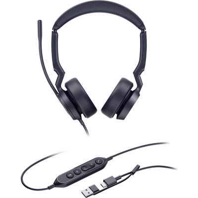 Un casque USB supra-auriculaire noir avec un microphone à perche, un contrôle de volume intégré et des connecteurs USB présentés. Convient pour une utilisation informatique.