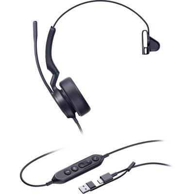 Un casque monaural noir avec microphone, doté d'un panneau de contrôle intégré et d'une connexion USB, conçu pour une utilisation informatique.