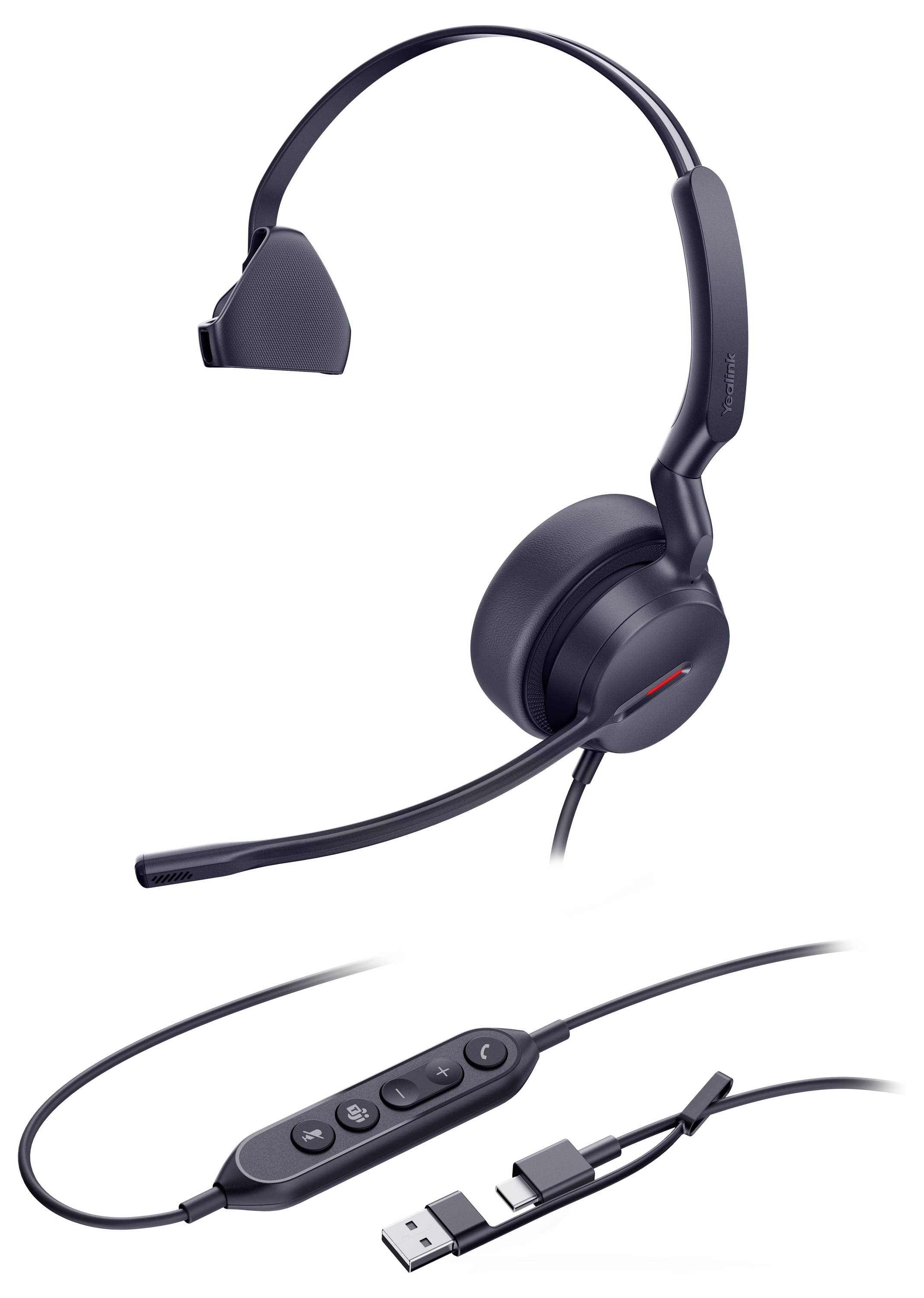Casque mono avec microphone, bandeau ajustable, connecteurs USB et USB-C, et commandes intégrées pour le volume et la gestion des appels.